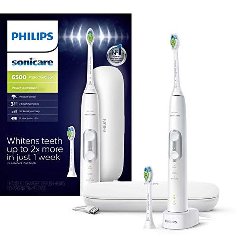 Philips Sonicare ProtectiveClean 6500 Rechargeable Electric Toothbrush - White (with Charging Travel Case and Extra Brush Head)