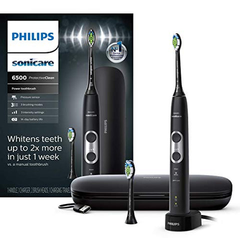 Philips Sonicare ProtectiveClean 6500 Rechargeable Electric Toothbrush - Black (with Charging Travel Case and Extra Brush Head)
