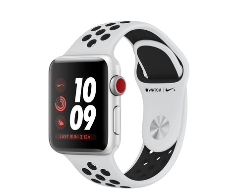 Apple Watch Series 3, 38mm (Nike, GPS + Cellular) - Silver Aluminum Case / Pure Platinum, Black Nike Sport Band